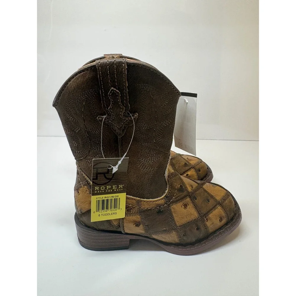 Roper Toddler Boys Brown Tan Faux Ostrich Patchwork Cowboy Boots size 6